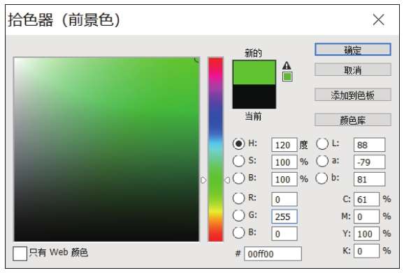 在Photoshop中查看颜色rgb(0，255，0)